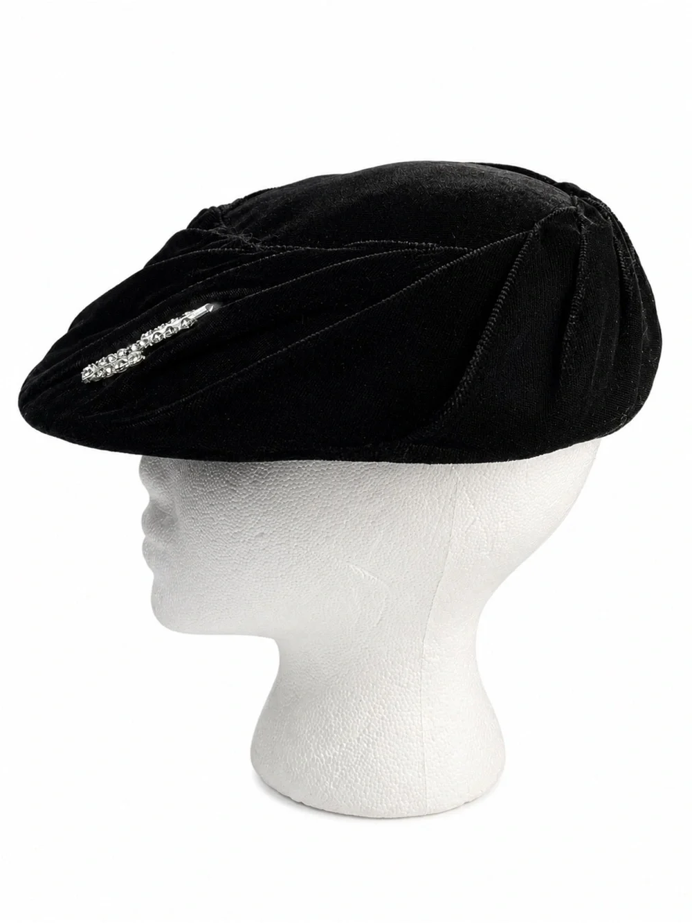 Vintage Black Velvet Beret Hat with Original Rhinestone Accent - For Repair